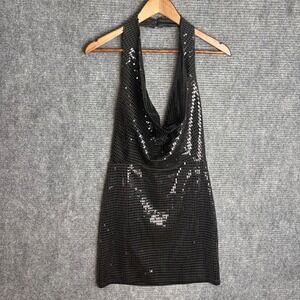 Black Sequin Halter Mini Dress Cowl Neck Open Back Party Size M